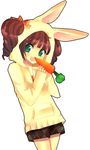  animal_ears animal_hood brown_hair bunny_ears bunny_hood carrot fake_animal_ears green_eyes hair_through_headwear hood hood_up hoodie idolmaster idolmaster_(classic) long_hair shorts solo takatsuki_yayoi tokkyo_chuuyu 