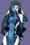  blue_eyes blue_nipples braid breasts cloth female furball green_hair hair lagomorph looking_at_viewer nude pussy rabbit solo standing 