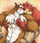  abs amber_eyes anthro baseball_cap biceps blush claws dragon drooling duo fur furdrake gay grin hat horn horns kokuhane kokuhane_(character) male muscles nude pec_grasp pecs plain_background razul saliva scalie scar sweat tattoo 