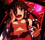  bad_id bad_pixiv_id blush bow breasts brown_hair detached_sleeves doyouwantto hair_bow hakurei_reimu medium_breasts naked_suspenders red_eyes revealing_clothes short_hair solo suspenders topless touhou 