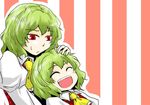  :d ascot closed_eyes dress green_hair happy kazami_youka kazami_yuuka lowres motherly multiple_girls open_mouth petting plaid plaid_vest red_eyes short_hair smile striped striped_background sweatdrop touhou vest yokochou younger 