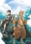  armor brown_eyes canine human kogawa_kenji male necklace polearm sitting staff wolf 