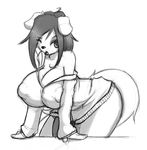  bent_over big_breasts black_and_white bottomless breasts canine cleavage clothed clothing dickgirl dog flaccid greyscale hair half-dressed huge_breasts hyper hyper_penis intersex long_hair looking_at_viewer mammal monochrome myrilla one_eye_closed penis plain_background sketch sleepy solo sweater tail tora-chan white_background 