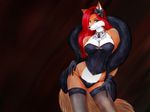  blue_eyes bracelet canine corset female fox gloves hair jewelry long_hair looking_at_viewer necklace red_hair skimpy smile solo standing stockings vani-fox vani-fox_(character) vixen 