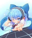  :p blue_eyes blue_hair bow cirno face foreshortening hair_bow hands headphones one_eye_closed pointing solo symbol-shaped_pupils tec tongue tongue_out touhou upper_body 