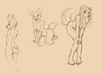  anthro breasts canine cervine coy deer female fox hair long_hair mammal misplaced_spigot monochrome nude plain_background sepia sketch standing 