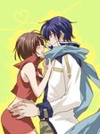  1girl blue_scarf blush couple drunk fukurou_(hukirou) hetero kaito lowres meiko scarf skirt vocaloid 