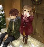  1girl bad_id bad_pixiv_id boots brown_eyes brown_hair coat covering_mouth fur_boots matsunaka_hiro mittens original pantyhose plaid plaid_scarf porch scarf sitting snow standing twintails ugg_boots winter 