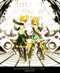  1girl aqua_eyes arm_warmers blonde_hair brother_and_sister detached_sleeves guitar hair_ornament hair_ribbon hairclip headphones instrument kagamine_len kagamine_len_(append) kagamine_rin kagamine_rin_(append) leg_warmers ribbon short_hair shorts siblings tomsan twins vocaloid vocaloid_append 