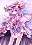  absurdres bad_id bad_pixiv_id bow capelet crescent dress dress_lift hair_bow hat highres long_hair mikazuki_sara patchouli_knowledge purple_eyes purple_hair solo thighhighs touhou very_long_hair zettai_ryouiki 