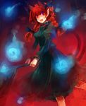  animal_ears braid cart cat_ears cat_tail dress extra_ears floating_skull hands kaenbyou_rin multiple_tails pointy_ears pushcart red red_eyes red_hair skull solo tail touhou twin_braids twintails ukyo_rst 