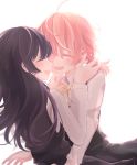  2girls ^_^ ahoge black_hair blush closed_eyes eyes_closed highres hug koito_yuu light long_hair multiple_girls nanami_touko orange_hair school_uniform short_hair simple_background smile uniform yagate_kimi_ni_naru 