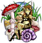  amanita_muscaria boots brown_hair ear_piercing earring female grass hair high_heels ladybug looking_at_viewer micro mushrooms nature piercing purple_eyes shell sitting snail solo zenia 