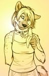  banana black_nose clothed collar ena female food hair hyena short_hair solo spots standing tail tank_top unknown_artist 
