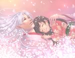  1girl age_difference closed_eyes cuddling eyelashes family hands inuyasha lips long_hair pale_color petals pointy_ears rin_(inuyasha) sesshoumaru smile tokiko_(psychopomp) 