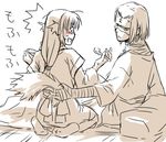  1girl ainu_clothes animal_ears blush dog_ears eruruw furea_(genjuu_no_mori) hakuoro holding_another's_tail mask monochrome surprised tail tail_grab translated utawareru_mono 