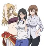  armpits arms_behind_head bandeau black_hair blonde_hair blue_eyes blush breasts brown_eyes brown_hair cleavage dress_shirt embarrassed frown fukiyose_seiri grey_eyes groin gym_uniform hair_over_one_eye hand_on_hip large_breasts long_hair lowleg mature midriff misaka_misuzu multiple_girls navel one_eye_closed oriana_thomason pants pose red_sarong ringlets sarong shirt short_hair shorts simple_background skirt sleeves_rolled_up smile standing strapless taut_clothes taut_shirt to_aru_majutsu_no_index touryou tubetop 