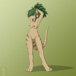  2010 breasts female green_eyes green_hair kepora looking_back nateday navel nipples nude pussy raised_arm solo standing striped_tail stripes tail talia thylacine 
