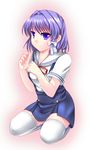  aburai_yui alternate_hairstyle clannad fujibayashi_kyou highres hikarizaka_private_high_school_uniform purple_eyes purple_hair school_uniform short_hair solo spoilers thighhighs 