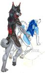  2008 all_fours anus bed blaze-husky blue_hair canine digitigrade dog female hair hindpaw humanoid_penis husky male penis pussy straight tongue wolf 
