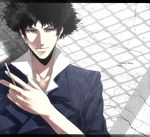  bad_id bad_pixiv_id banned_artist black_hair brown_eyes cigarette cowboy_bebop letterboxed male_focus s_tanly smoke solo spike_spiegel upper_body 