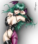  1girl asymmetrical_clothes bdsm bondage bound breasts capcom cleavage darkstalkers demon_girl eyepatch head_wings headwings morrigan_aensland mound_of_venus succubus vampire_(game) wings 