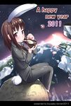  2011 animal_ears brown_hair bunny_ears bunny_tail chopsticks earth eating food formal holding holding_chopsticks left-handed letterboxed long_hair mochi new_year orbit original pink_eyes sitting solo space suit tail takasaka_donten wagashi zouni_soup 