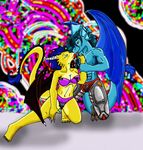  abs blue blue_eyes blue_hair chimera cleavage couple cyborg dragon echo_wulf green_eyes hair herm intersex long_blue_hair long_hair looking_at_each_other love maleherm red sasha_winterforest_shadoweye scalie skimpy tail tail_tuft underwear veedway_constantine wings yellow 