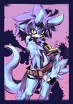  amber_eyes belt blue chain cotora feathers female horns looking_at_viewer messy_hair purple_hair simple_background skimpy solo tail 
