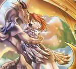 anyare avian cuddle cuddling dragon female gryphon horn horns male outside owl snow straight wings winter 
