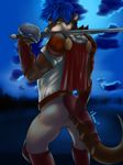  blue_hair brown_fur efenrai efenrai_(character) fur green_eyes hair looking_at_viewer male mammal mustelid otter short_hair solo sword tail weapon 