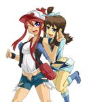  2girls baseball_cap blue_eyes blush boots breast_grab breasts brown_hair cosplay costume_switch fuuro_(pokemon) gloves grabbing gym_leader hat ka-9 long_hair multiple_girls navel open_mouth pokemon pokemon_(game) pokemon_black_and_white pokemon_bw ponytail red_hair saliva shorts side_ponytail simple_background standing_on_one_leg torn_clothes touko_(pokemon) unbuttoned undone unzipped vest white_(pokemon) wink 