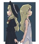  4040_(abonriya) back-to-back blonde_hair cosette dress dual_persona hat les_miserables looking_up lowres oekaki outside_border profile simple_background symmetry wet 