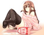  animal_ears arm_support black_legwear bra_strap brown_hair feet highres long_hair milk no_shoes off_shoulder original panties pink_panties pink_sweater pov_feet red_eyes sexually_suggestive solo spill suggestive_fluid sweater tail thighhighs underwear yui.h 