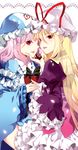  bad_id bad_pixiv_id blonde_hair chin_grab chocolate gift hat lace_background long_hair looking_at_viewer multiple_girls pink_hair red_eyes roh_nam_kyung saigyouji_yuyuko short_hair touhou transparent yakumo_yukari yuri 