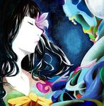  abstract black_hair blue_background bow closed_eyes collarbone face faux_traditional_media flower flower_eyepatch hime_cut houraisan_kaguya lips long_hair neck nose pink_lips savan solo touhou 