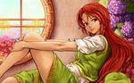  bad_id bad_pixiv_id braid flower hong_meiling hydrangea leg_hug legs lips long_hair no_hat no_headwear red_eyes red_hair round_window shibasaki_shouji sitting smile solo touhou twin_braids window 