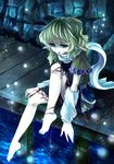  absurdres arm_warmers awa_toka bad_id bad_pixiv_id barefoot blonde_hair feet green_eyes highres mizuhashi_parsee nail_polish pointy_ears scarf short_hair sitting solo touhou 