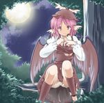  amagase_lyle animal_ears bird bloomers earrings eurasian_tree_sparrow full_moon hat highres in_tree jewelry moon mystia_lorelei night pink_eyes pink_hair purple_eyes short_hair sitting sitting_in_tree solo sparrow touhou tree underwear wings 