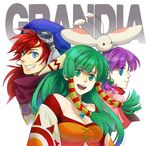  2girls blue_eyes breasts cleavage copyright_name feena_(grandia) grandia grandia_i green_eyes green_hair grin hair_ornament hair_tubes justin_(grandia) koaki medium_breasts multiple_girls purple_hair puui_(grandia) red_hair smile sue_(grandia) 