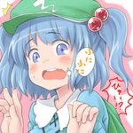  blue_eyes blue_hair blush close-up cursor face fourth_wall hair_bobbles hair_ornament hat kawashiro_nitori myonde open_mouth short_hair solo touhou translated twintails two_side_up wavy_mouth 