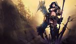  armor arrow artist_request bikini_armor black_hair blue_eyes boomerang boots breasts cleavage huge_weapon large_breasts league_of_legends midriff navel official_art pauldrons planted_arrow polearm sivir skirt solo spear sword thigh_boots thighhighs weapon 