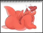  anthro big_butt blue_eyes breasts brown_hair butt chubby dragon fat female hair head_wings javanshir one_eye_closed overweight pinup plain_background pom pose raised_tail red red_hair scalie seductive solo white_background wide_hips wings wink 