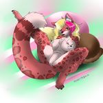  anthro big_breasts black_nose blonde_hair breasts cherry chest_tuft chubby countershading feline female fur hair heartz ice_cream leopard long_hair looking_at_viewer mammal nipples nude overweight pink_hair purple_eyes pussy solo spots tail tuft whipped_cream 