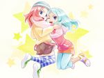  bad_id bad_pixiv_id blue_hair casual hood hoodie inazuma_eleven inazuma_eleven_(series) miniskirt multiple_girls pantyhose pink_hair shinomna shorts skirt striped striped_legwear thighhighs urabe_rika zaizen_touko 