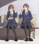  black_legwear blazer book eating flash_tomo glasses jacket multiple_girls original pantyhose school_uniform short_hair 