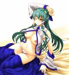  breasts detached_sleeves frog green_hair hair_ornament highres jyun kochiya_sanae large_breasts long_hair navel nipples panties solo touhou underwear 