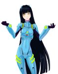  artist_request black_hair blue_bodysuit bodysuit cosplay houkago_play latex long_hair neon_genesis_evangelion plugsuit solo very_long_hair yellow_eyes 