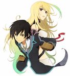  1girl bad_id bad_pixiv_id black_hair blonde_hair brown_eyes gloves gradient_hair green_hair jude_mathis long_hair milla_maxwell multicolored_hair red_eyes streaked_hair tales_of_(series) tales_of_xillia white_background yuzumame 