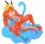  atelier_iris balls biceps blade_(pixiv) dragon erection goo gray_(character) horn horns male muscles nipples orange_body penis plain_background red scalie tail tentacles unknown_artist white_background 